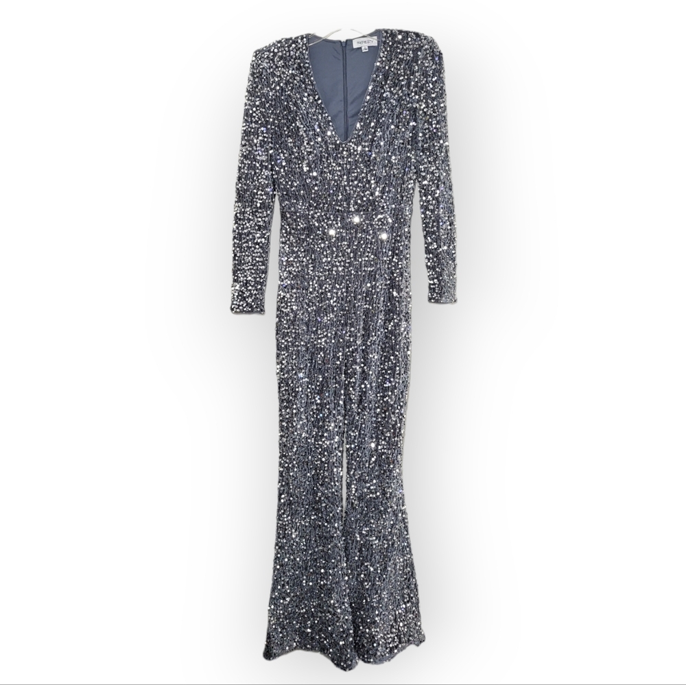 FAERIESTY V-Neck Long Sleeve Sequin Jumpsuit Silver Gray Small - Picture 5 of 9
